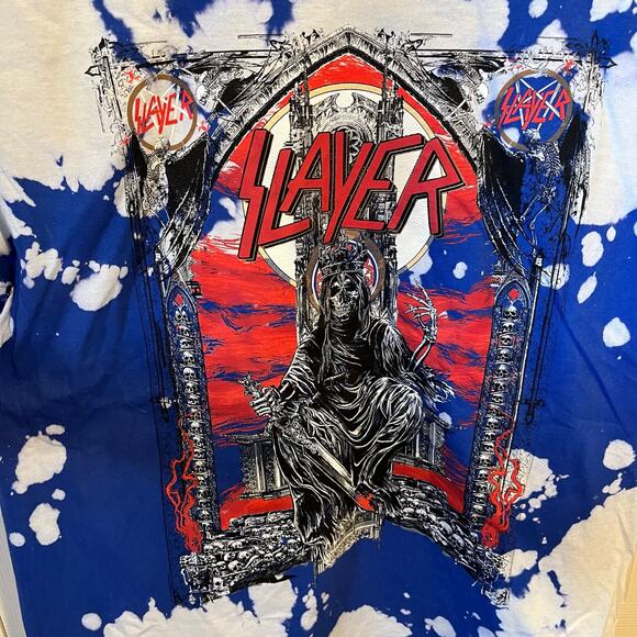 Slayer Skeleton King on Throne Graphic Tee Tie Dye Blue White Medium - Picture 5 of 5